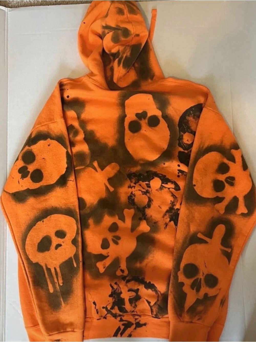 Halloween hoodie, orange/ black custom designed skulls, spray-paint graphics